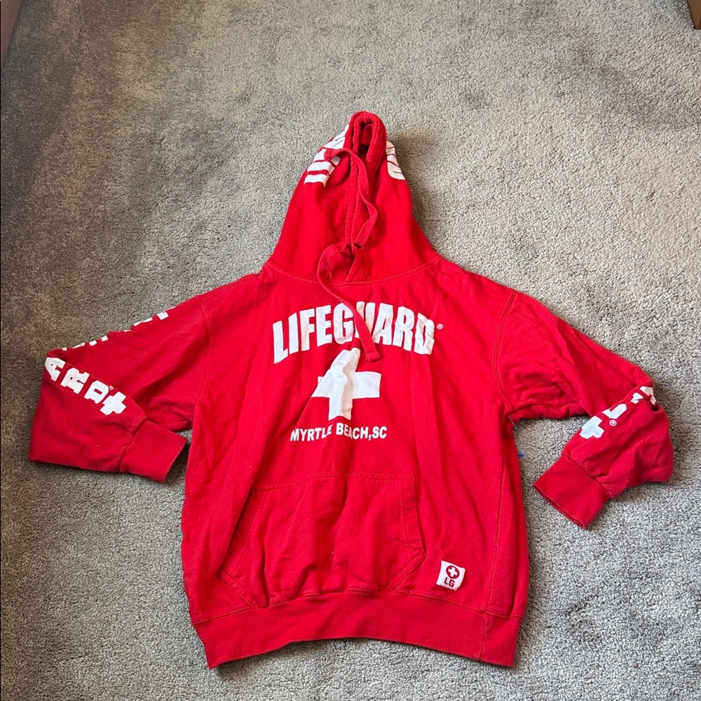 Myrtle Beach Lifeguard Red Hoodie Graphic Pullover Sweatshirt Rescue Logo SIZE S